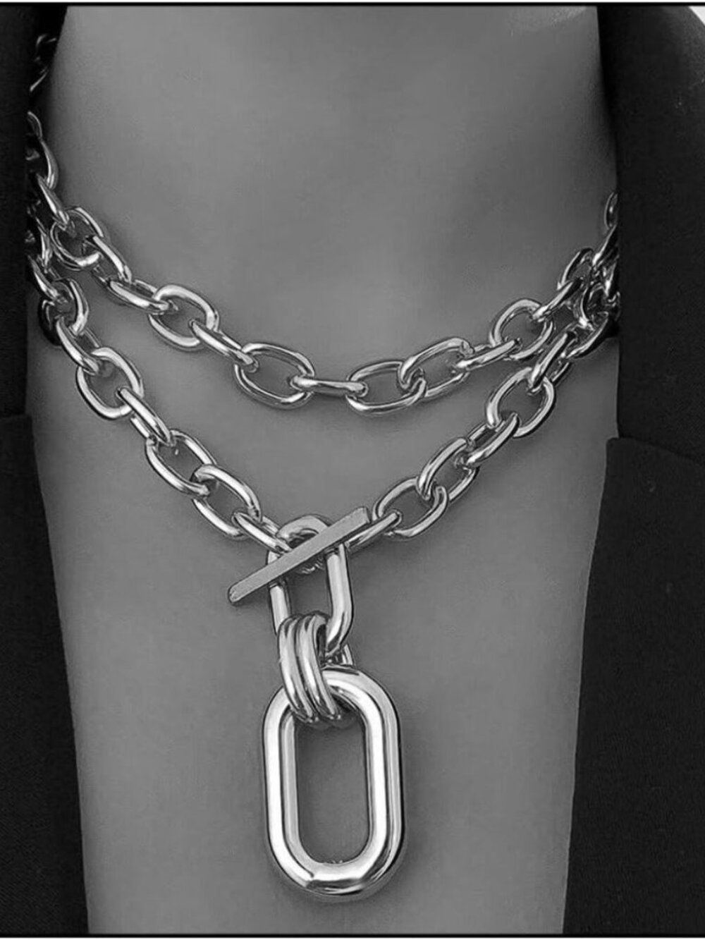 🆕 Women Silver Toggle Clasp Necklace Chunky Punk Layered Choker Simple Jewelry